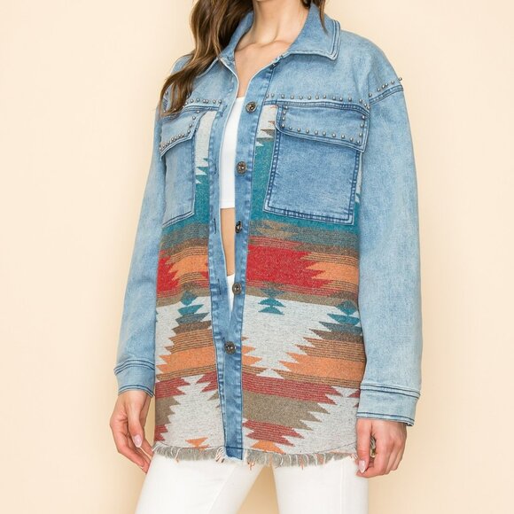 NWT W.A.Y Wonderful & Young Denim Oversized Aztec Jacket With Studs - Picture 3 of 5